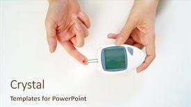  Presentation with glucometer - Slide set featuring woman's hand with glucometer background and a sky blue colored foreground