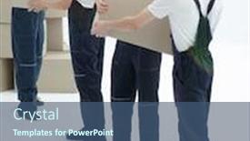  Presentation with boxes - PPT theme enhanced with photo workers pass each other boxes when moving flats background and a ocean colored foreground