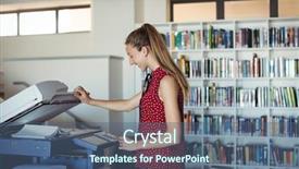  Presentation with xerox - Slide deck consisting of photocopy - happy schoolgirl using xerox photocopier background and a ocean colored foreground