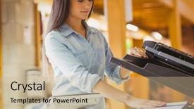  Presentation with library - Audience pleasing presentation theme consisting of photocopy - smiling brunette student making backdrop and a coral colored foreground