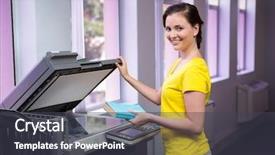  Presentation with university library - Presentation design consisting of photocopy - student photocopying her book background and a dark gray colored foreground