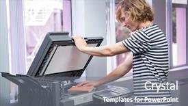  Presentation with university library - Colorful presentation design enhanced with photocopy - student photocopying his book backdrop and a gray colored foreground