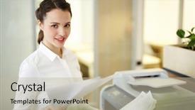  Presentation with secretary - Colorful slides enhanced with photocopy - young secretary with papers standing backdrop and a mint green colored foreground