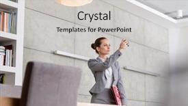  Presentation with standing on scooter - Beautiful slide deck featuring photograph - confident young saleswoman photographing while backdrop and a light gray colored foreground