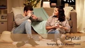  Presentation with technology - Colorful slides enhanced with photograph - leisure technology and people concept backdrop and a coral colored foreground