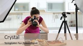  Presentation with healthy eating food photography - PPT theme with photograph - young woman photographing food background and a coral colored foreground
