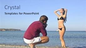  Presentation with shooting - Beautiful presentation design featuring photographer and model in a shooting at the beach backdrop and a light blue colored foreground