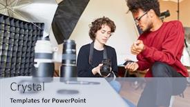  Presentation with lens - Amazing slides having photographer-and-photo-assistant backdrop and a light blue colored foreground