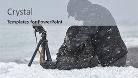  Presentation with lens - Presentation theme consisting of photographer-changing-lens-in-challenging background and a light blue colored foreground