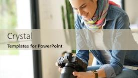  Presentation with shots - Presentation theme enhanced with photographer checking photo shots on camera screen background and a soft green colored foreground