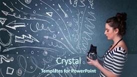  Presentation with doodles - Beautiful slide deck featuring photographer girl shooting images while energetic hand drawn lines and doodles come out of the camera backdrop and a ocean colored foreground