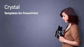  Presentation with shooting - Amazing PPT theme having journalists journalist camera - photographer girl shooting images backdrop and a gray colored foreground