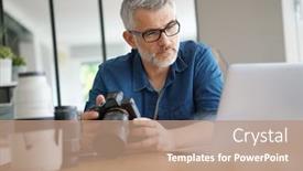  Presentation with shots - Slide deck having photographer in office checking shots background and a coral colored foreground