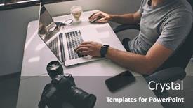  Presentation with photo - Presentation enhanced with photographer-is-working-at-laptop background and a dark gray colored foreground