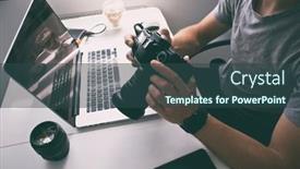  Presentation with equipment - Beautiful PPT theme featuring photographer-is-working-at-laptop backdrop and a ocean colored foreground
