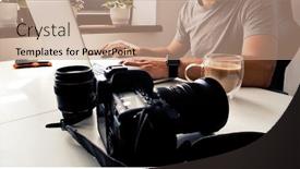  Presentation with photo - Slide deck consisting of photographer-is-working-at-laptop background and a coral colored foreground
