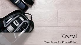  Presentation with equipment - Presentation theme enhanced with photographer's equipment on the floor in a room background and a light gray colored foreground