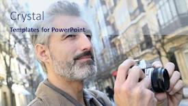  Presentation with city street - Amazing PPT theme having photographer-taking-pictures-in-city backdrop and a sky blue colored foreground