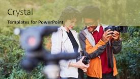  Presentation with comparison - Audience pleasing presentation design consisting of photographer-team-as-landscape-photographer backdrop and a mint green colored foreground