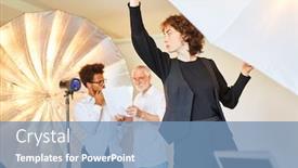  Presentation with director - Slide set with photographer-team-with-art-director background and a teal colored foreground