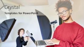  Presentation with backup - PPT theme enhanced with photographer-with-laptop-computer-makes background and a lemonade colored foreground