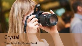  Presentation with work - Slides enhanced with photographer woman at work indoors background and a coral colored foreground
