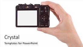  Presentation with hand touching finger digital - PPT theme featuring photographic with a digital camera background and a white colored foreground