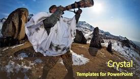  Presentation with alien in winter - Theme enhanced with photography camera shutter - wildlife photographer outdoor in winter background and a  colored foreground