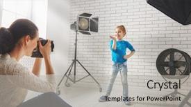  Presentation with strength motion - Slide set enhanced with photographer in motion young woman background and a light gray colored foreground