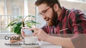  Presentation with smartphone - PPT theme having photos foods - excited young man with smartphone background and a  colored foreground