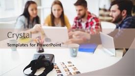  Presentation with virtual reality meeting - Audience pleasing theme consisting of photos with virtual reality headset on table against photo editors in meeting room backdrop and a coral colored foreground