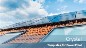  Presentation with solar panels - Theme having photovoltaic-panels-on-the-roof and a teal colored foreground