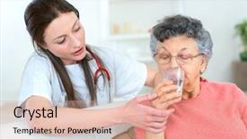  Presentation with giving - Audience pleasing PPT theme consisting of physic - giving senior woman a drink backdrop and a coral colored foreground