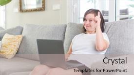  Presentation with down syndrom - Colorful slide set enhanced with physic mind - down syndrome woman at home backdrop and a mint green colored foreground