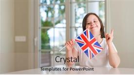  Presentation with down syndrom - Slides having physic mind - down syndrome woman at home background and a  colored foreground