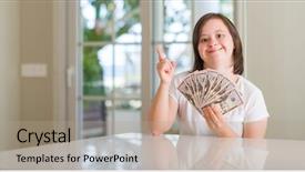  Presentation with down syndrome - PPT layouts featuring physic mind - down syndrome woman at home background and a  colored foreground