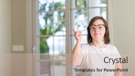  Presentation with down syndrome - Theme featuring physic mind - down syndrome woman at home background and a soft green colored foreground