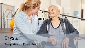  Presentation with caring - Slide set with kinesiotherapy - caring coach looks background and a light gray colored foreground