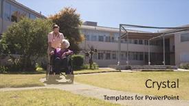  Presentation with patient centered home - Slide set with doctor talking with disabled senior background and a coral colored foreground