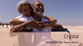  Presentation with honolulu senior on a beach - Amazing PPT theme having disabled senior man on beach backdrop and a coral colored foreground