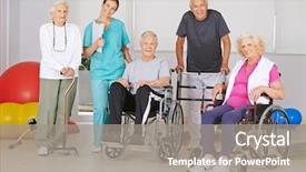  Presentation with geriatric - Theme having physical therapy function - group of happy senior people background and a gray colored foreground