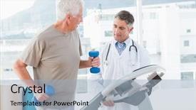  Presentation with treadmill - Presentation design having body rehabilitation - senior man on treadmill background and a coral colored foreground