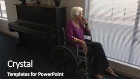  Presentation with nursing - Slide deck with side view of disabled senior woman sitting in wheelchair and looking outside through window at nursing home background and a black colored foreground