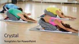  Presentation with physical fitness - PPT theme with physical appearance - young sport group doing yoga background and a coral colored foreground