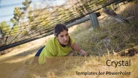  Presentation with obstacle course - Slides with physical barrier - determined woman crawling background and a yellow colored foreground