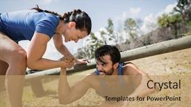 Presentation with obstacle course - Presentation design consisting of physical barrier - smiling fit woman helping man background and a  colored foreground