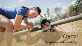  Presentation with helping man - Slide set having physical barrier - smiling fit woman helping man background and a  colored foreground