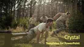  Presentation with obstacle course - Presentation theme consisting of physical barrier - soldiers crawling under the net background and a tawny brown colored foreground