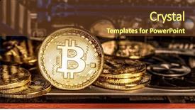  Presentation with record keeping - Colorful presentation design enhanced with physical bitcoins and record-keeping backdrop and a  colored foreground