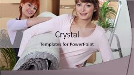  Presentation with women - PPT theme featuring physical change - young women carrying a rolled-up background and a  colored foreground